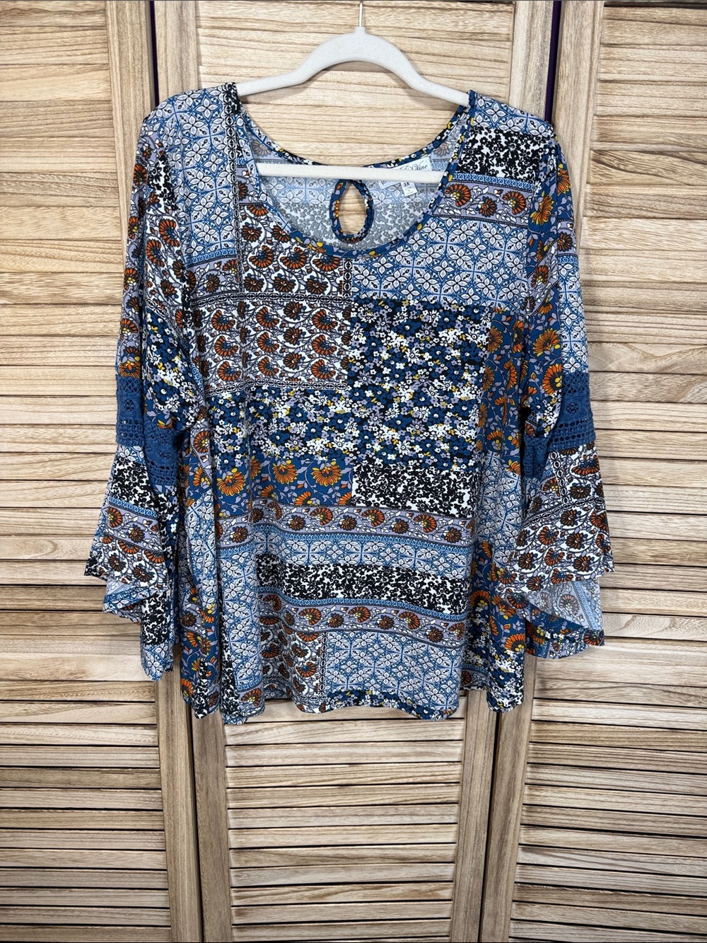Stem & Vine Boho Patchwork Floral Peasant Top - Blue Size 3X
